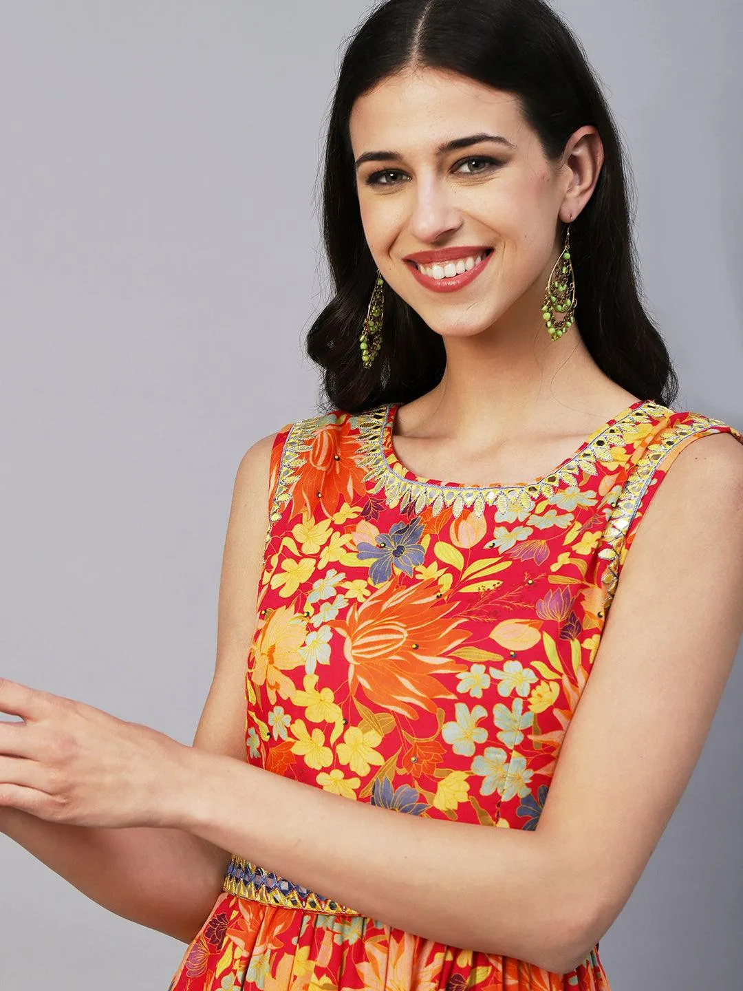 Floral Printed Mul-Cotton Mirror & Resham Embroidered Tiered Dress With Embroidered Waist Belt- Multi