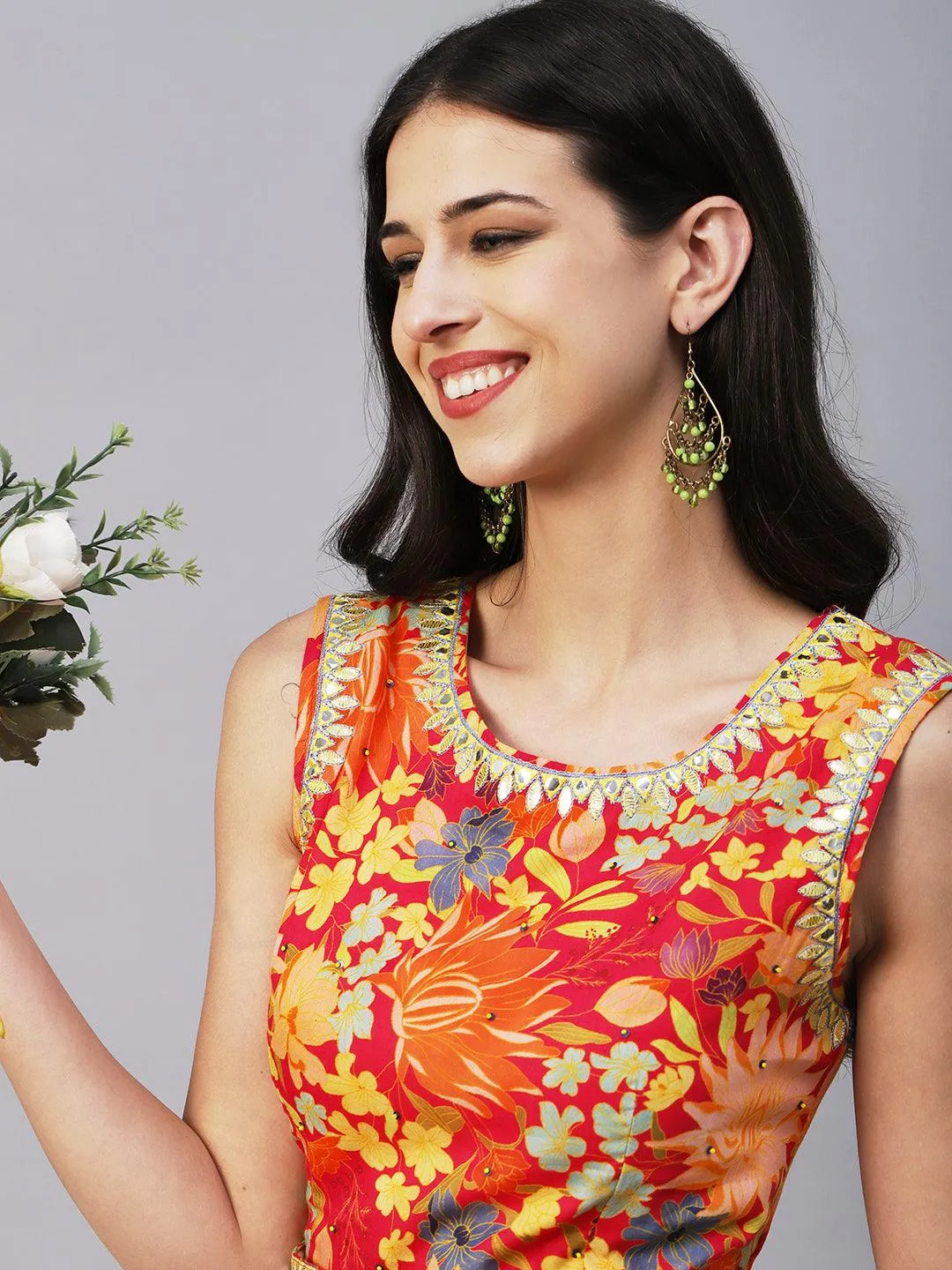 Floral Printed Mul-Cotton Mirror & Resham Embroidered Tiered Dress With Embroidered Waist Belt- Multi