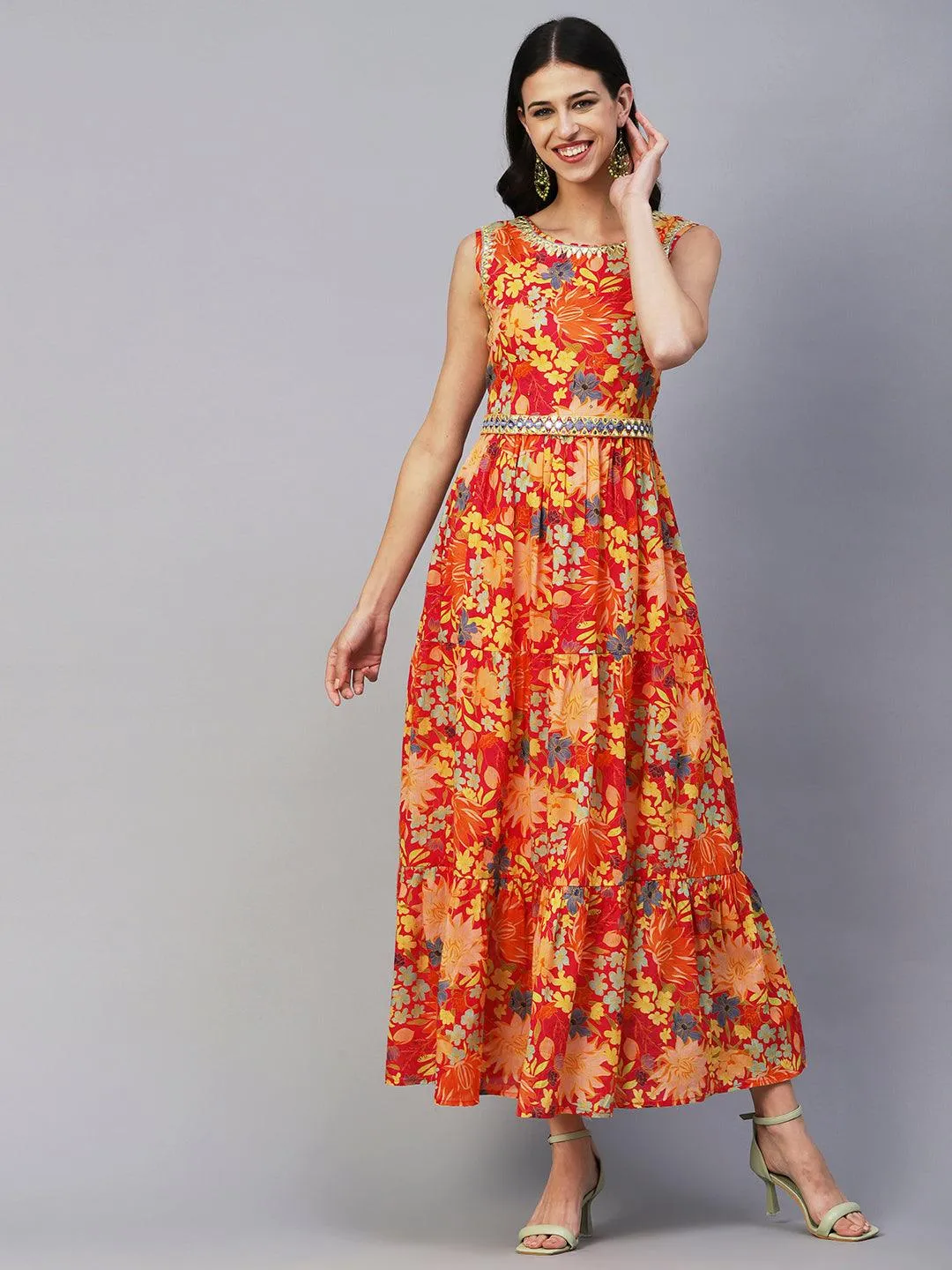 Floral Printed Mul-Cotton Mirror & Resham Embroidered Tiered Dress With Embroidered Waist Belt- Multi