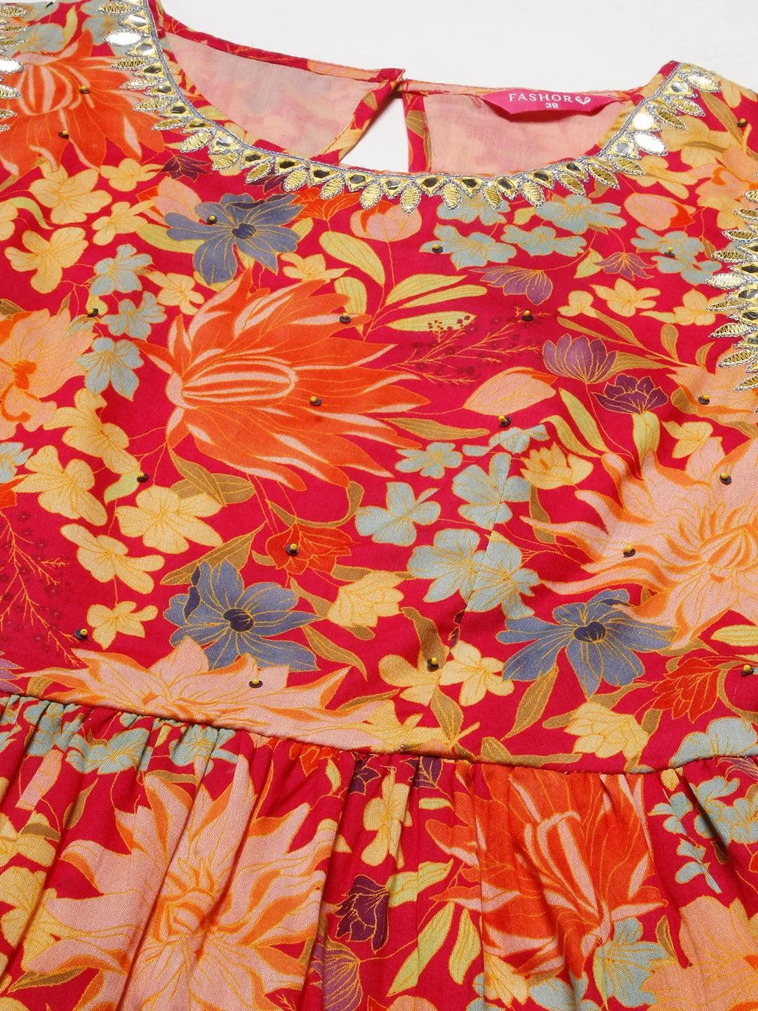 Floral Printed Mul-Cotton Mirror & Resham Embroidered Tiered Dress With Embroidered Waist Belt- Multi