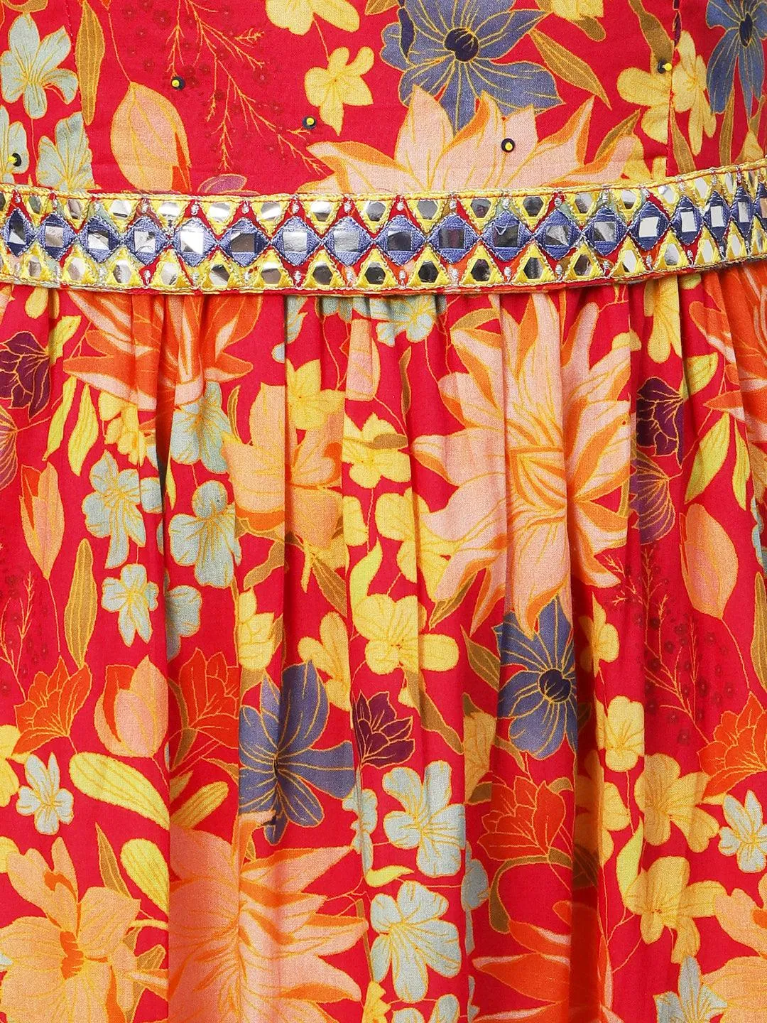 Floral Printed Mul-Cotton Mirror & Resham Embroidered Tiered Dress With Embroidered Waist Belt- Multi