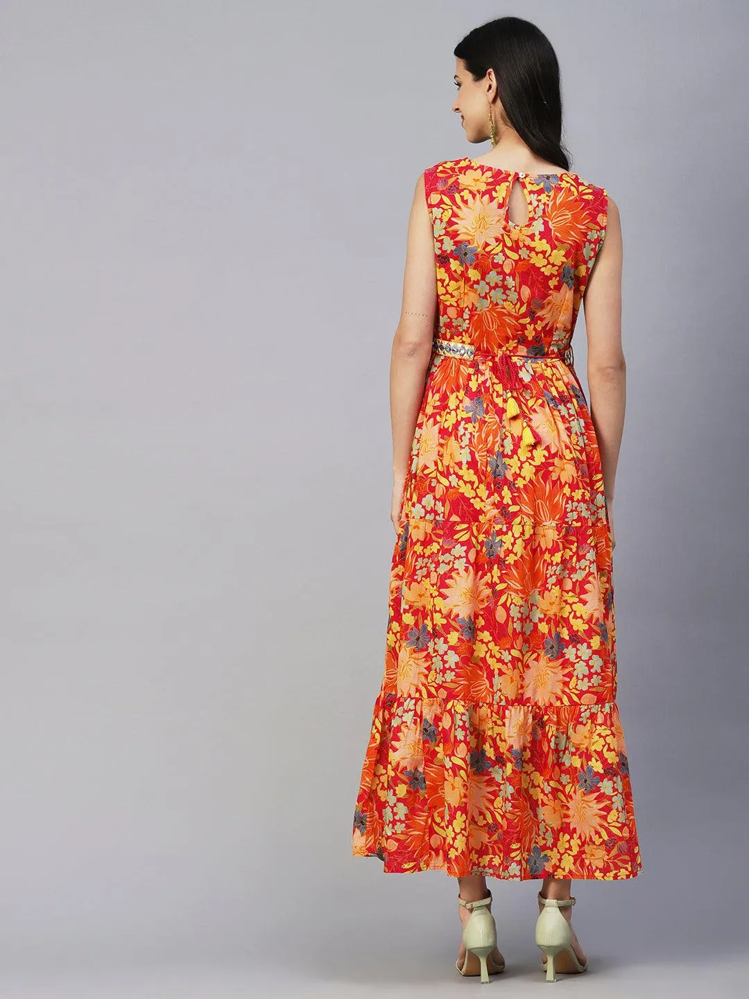 Floral Printed Mul-Cotton Mirror & Resham Embroidered Tiered Dress With Embroidered Waist Belt- Multi