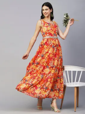 Floral Printed Mul-Cotton Mirror & Resham Embroidered Tiered Dress With Embroidered Waist Belt- Multi
