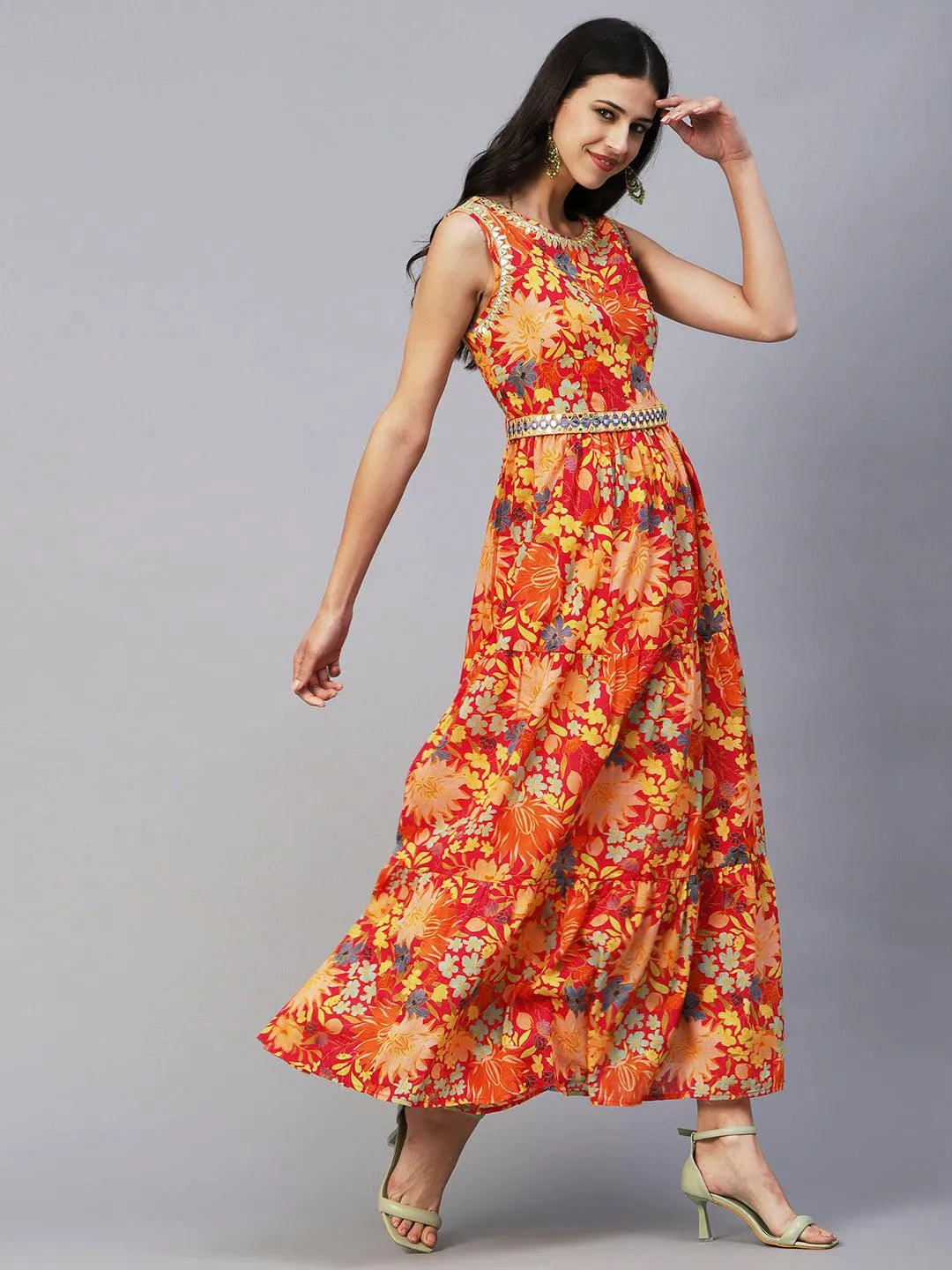 Floral Printed Mul-Cotton Mirror & Resham Embroidered Tiered Dress With Embroidered Waist Belt- Multi