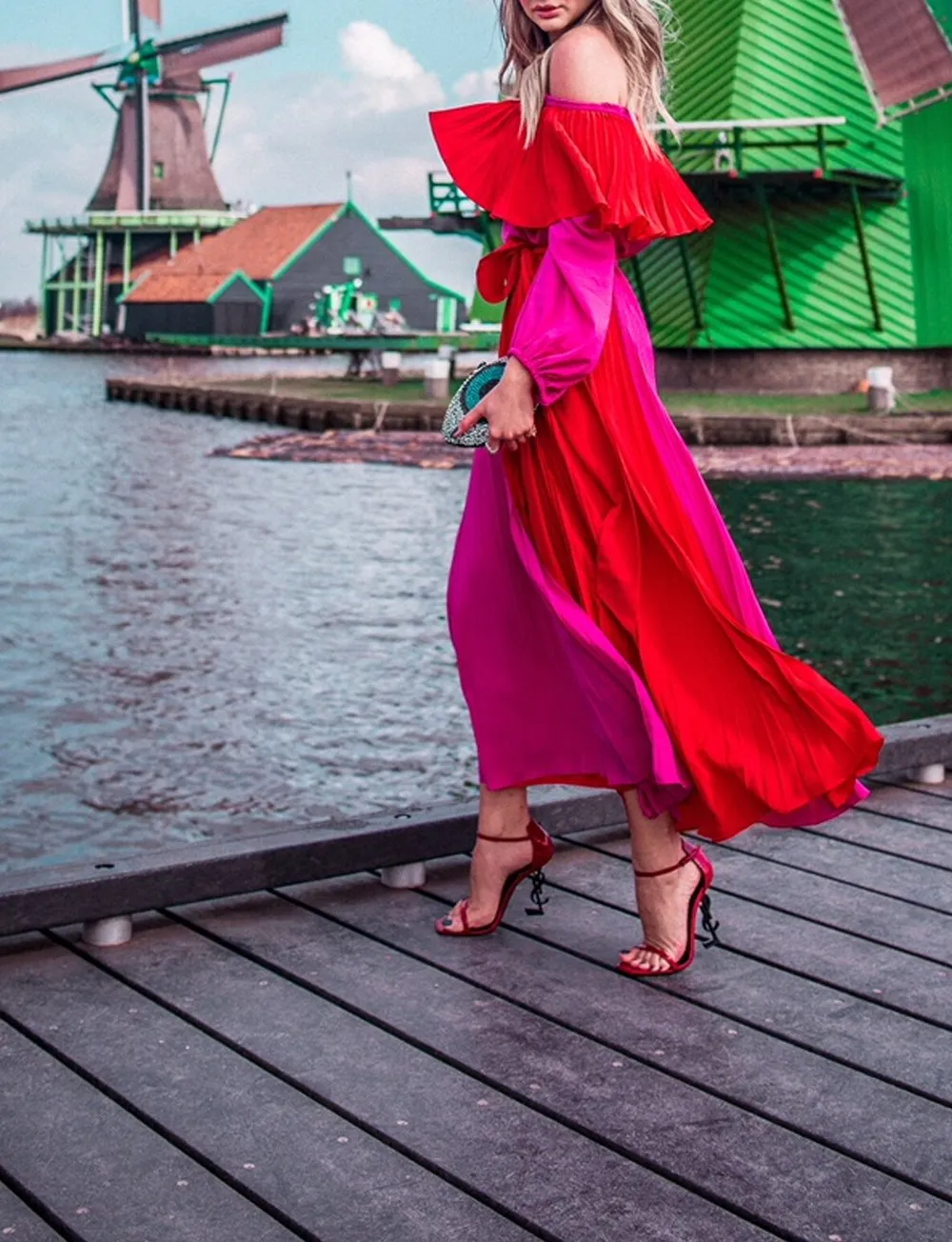 GAES Off The Shoulder Pleated Maxi Dress