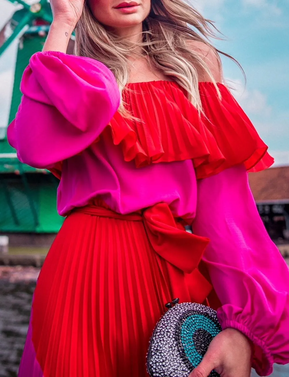 GAES Off The Shoulder Pleated Maxi Dress