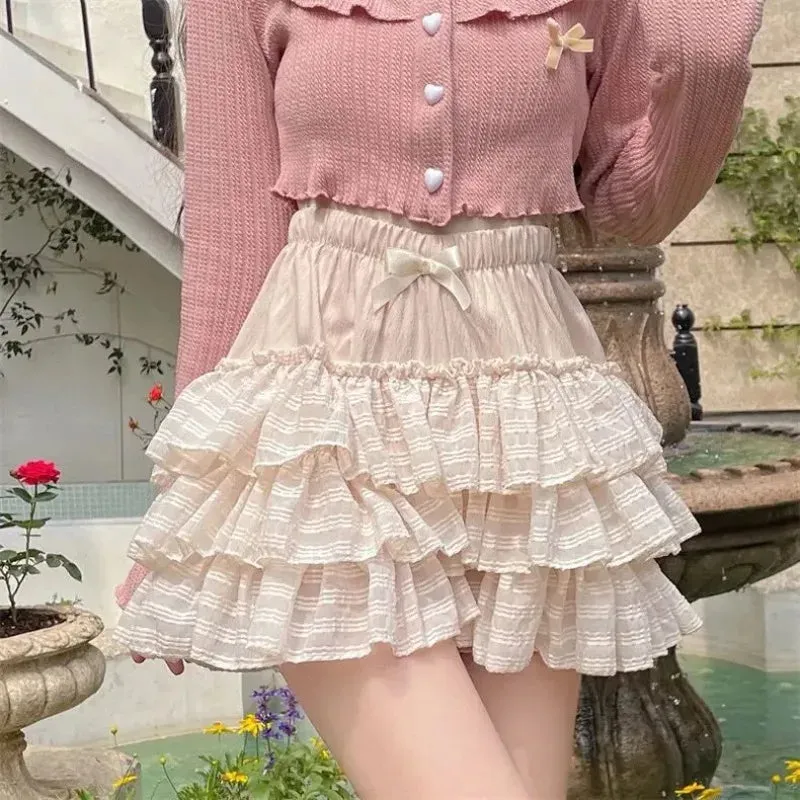 Getadme Kawaii Ruffle Skirt Women Coquette Cute Lolita High Waist A-line Bow Lace Fairycore Mesh Mini Skirt Summer Mori Girl
