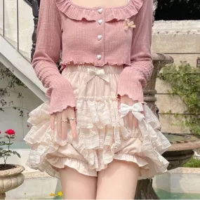 Getadme Kawaii Ruffle Skirt Women Coquette Cute Lolita High Waist A-line Bow Lace Fairycore Mesh Mini Skirt Summer Mori Girl