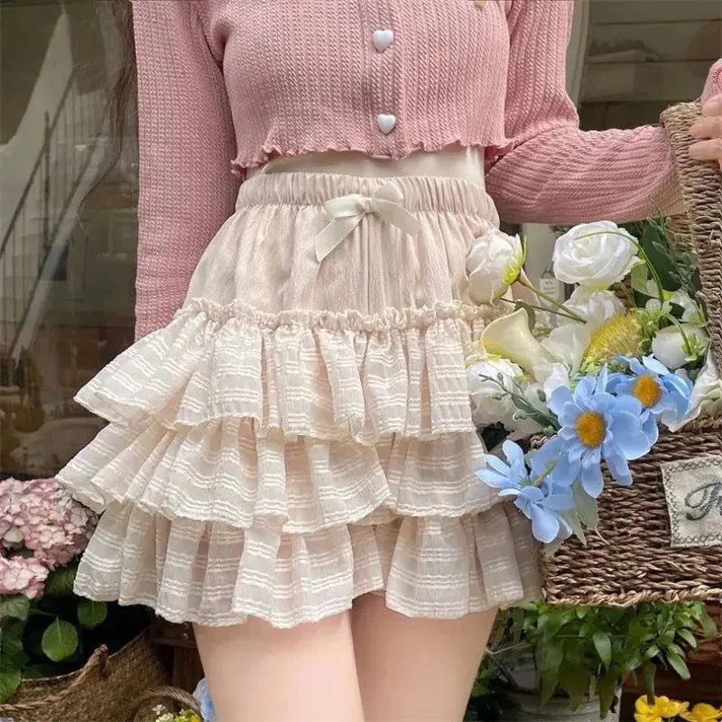 Getadme Kawaii Ruffle Skirt Women Coquette Cute Lolita High Waist A-line Bow Lace Fairycore Mesh Mini Skirt Summer Mori Girl