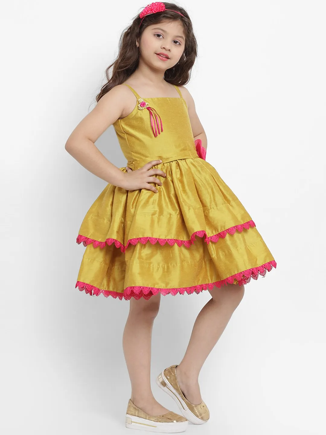 Girl's Mustard Yellow Self Design Fit And Flare Dress - Bitiya By Bhama