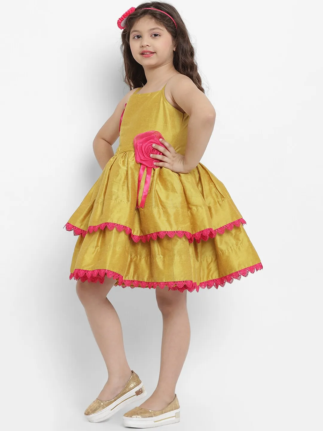 Girl's Mustard Yellow Self Design Fit And Flare Dress - Bitiya By Bhama