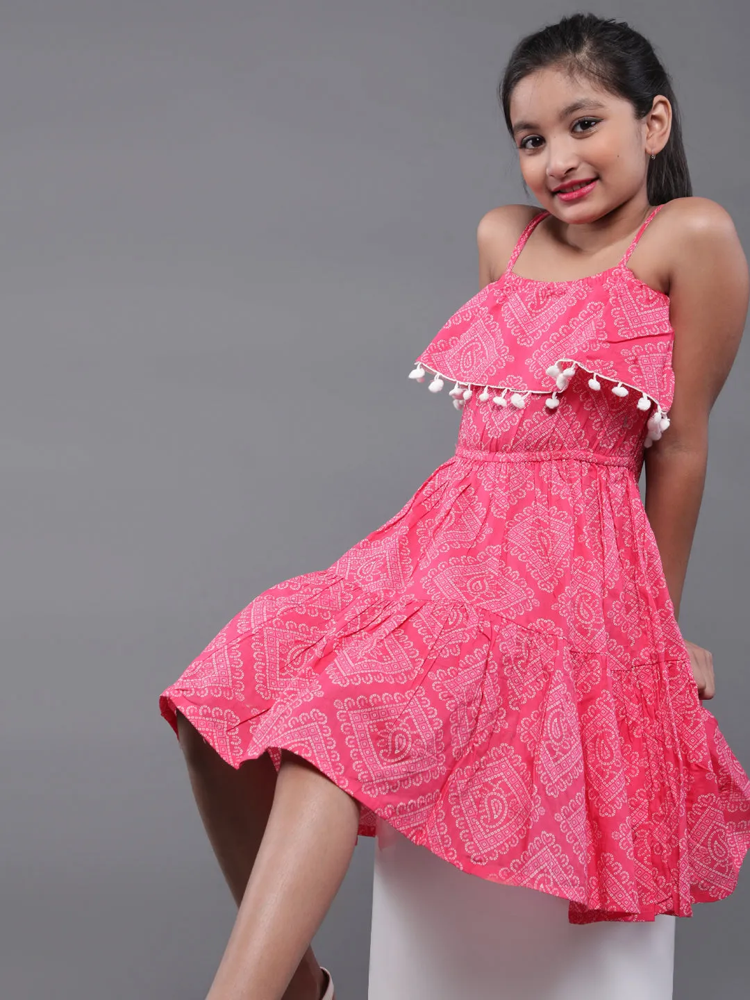 Girl's Pink & White Bandhani Printed Dress With Pom-Pom Lace - Aks Girls