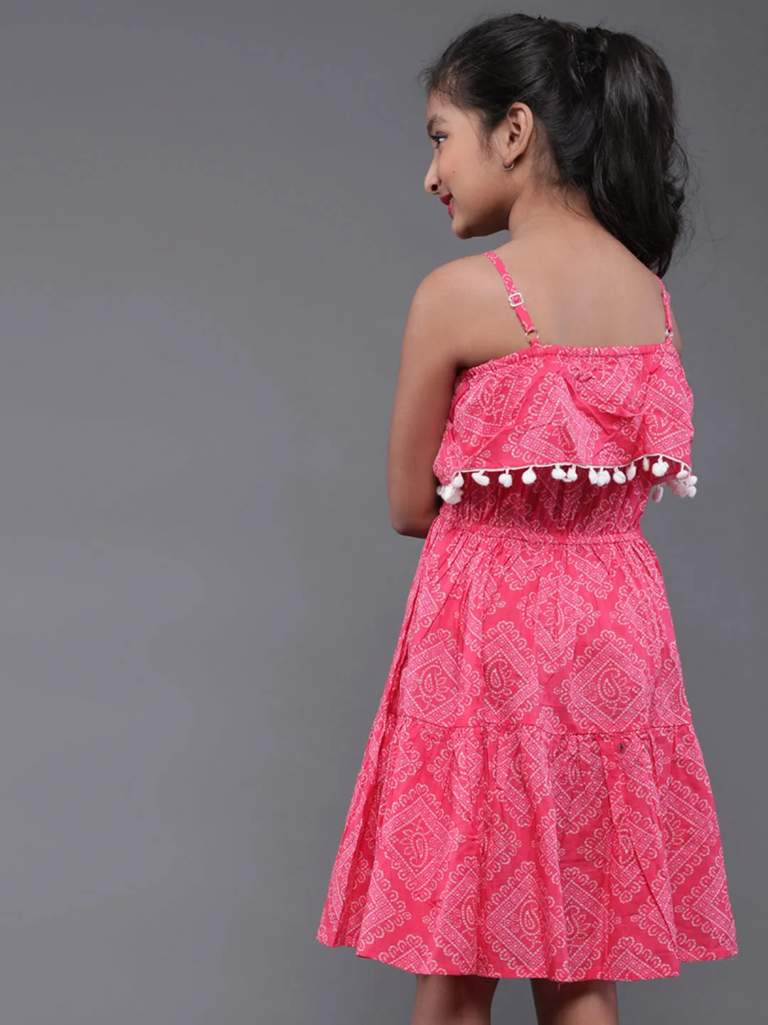 Girl's Pink & White Bandhani Printed Dress With Pom-Pom Lace - Aks Girls