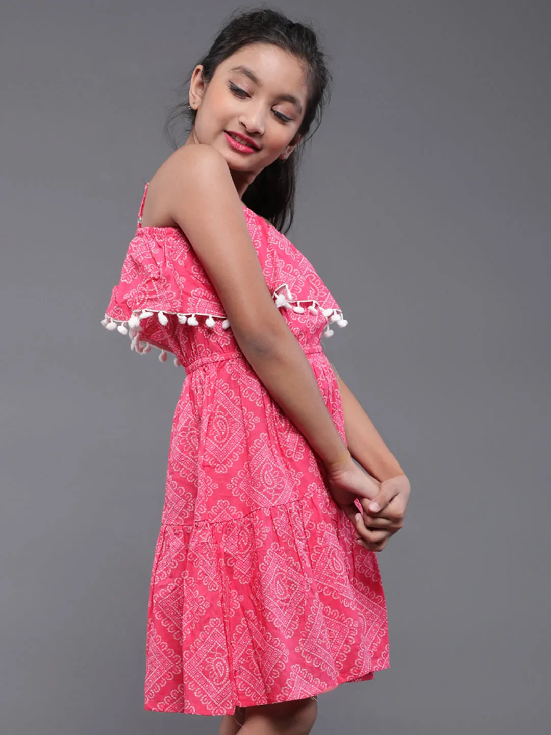 Girl's Pink & White Bandhani Printed Dress With Pom-Pom Lace - Aks Girls