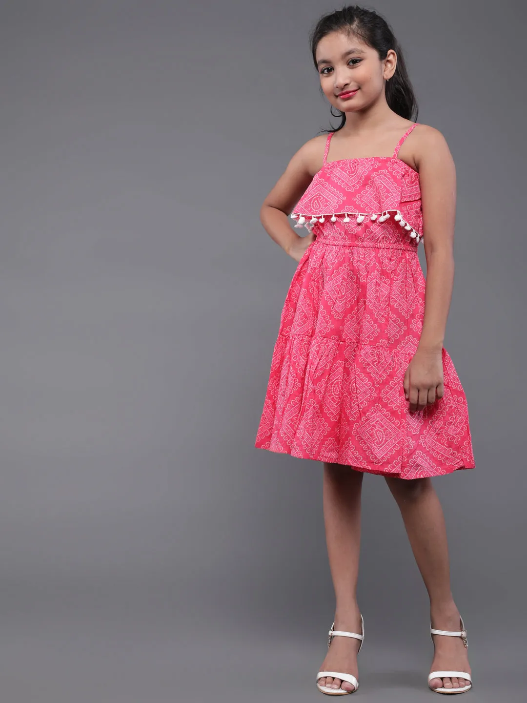 Girl's Pink & White Bandhani Printed Dress With Pom-Pom Lace - Aks Girls