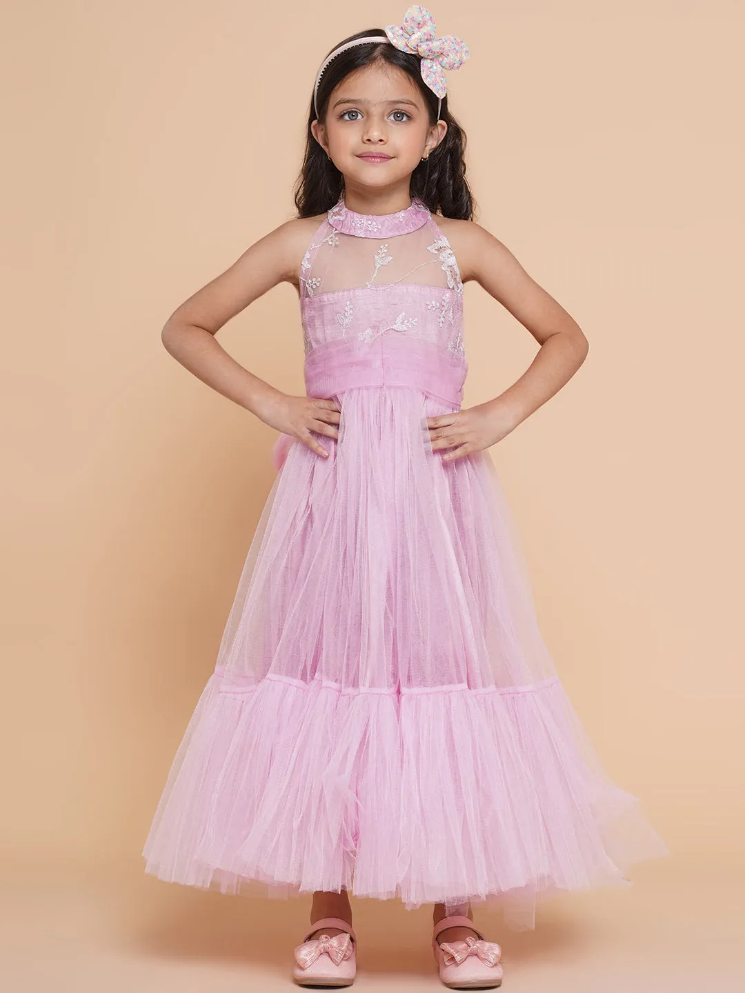 Girl's Pink Net Floral Embroidered Gown - Bitiya By Bhama