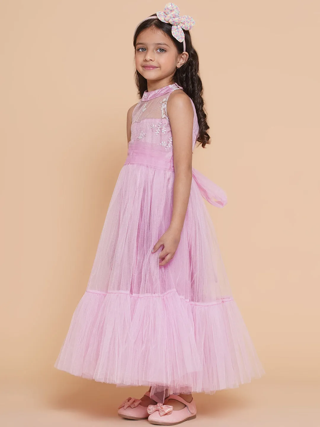 Girl's Pink Net Floral Embroidered Gown - Bitiya By Bhama