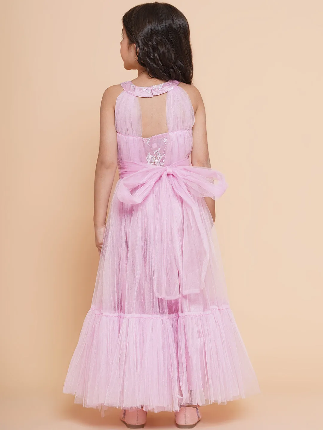 Girl's Pink Net Floral Embroidered Gown - Bitiya By Bhama