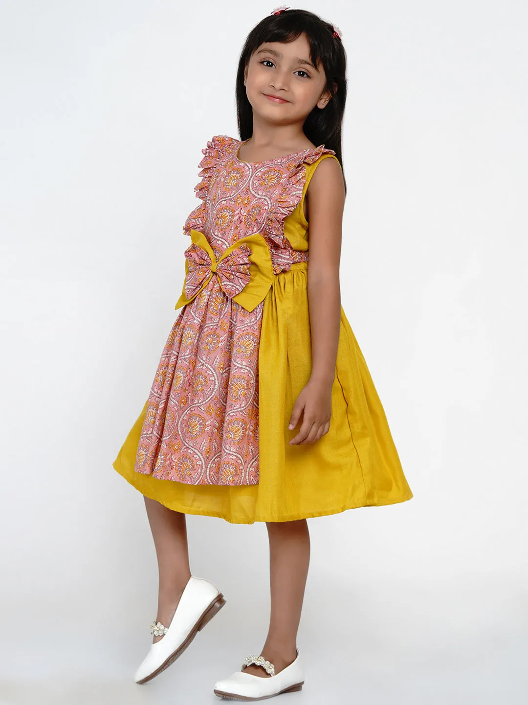 Girl's Yellow & Pink Floral Printed Cotton Layered Fit And Flare Dress - Bitiya By Bhama