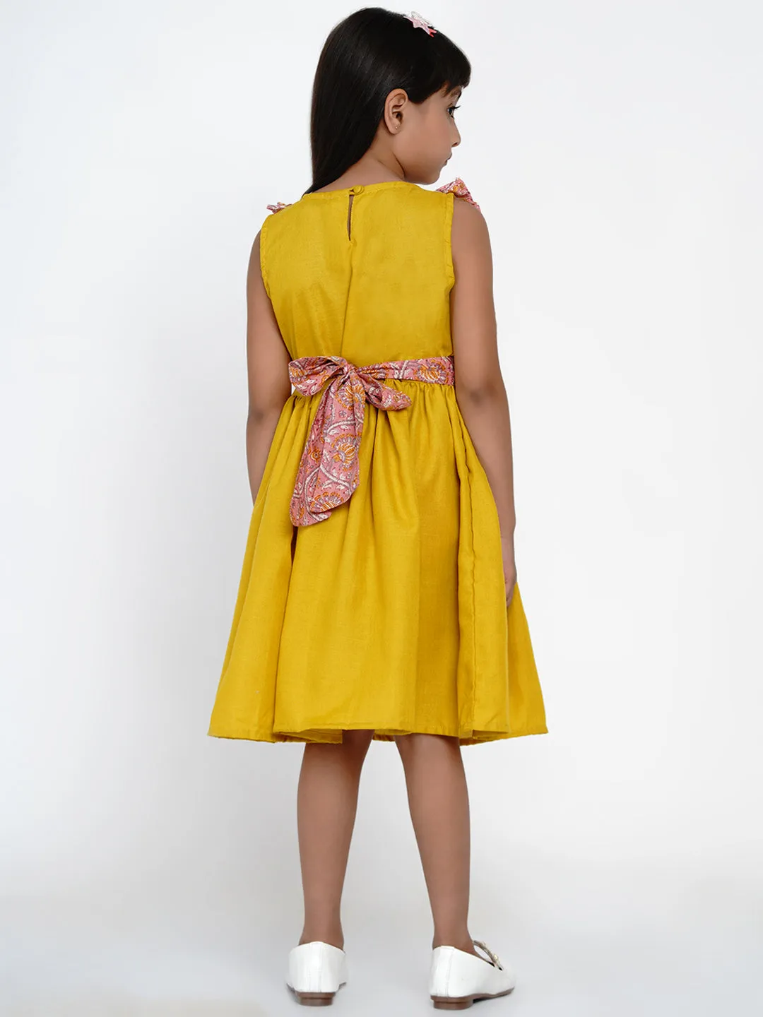Girl's Yellow & Pink Floral Printed Cotton Layered Fit And Flare Dress - Bitiya By Bhama