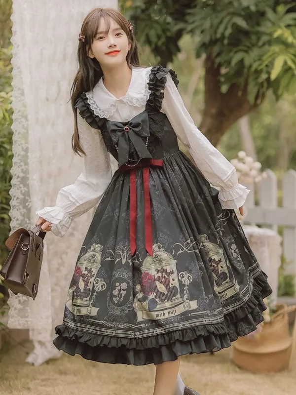 Gothic Ruffles Bows Floral Print Black Lolita Dresses