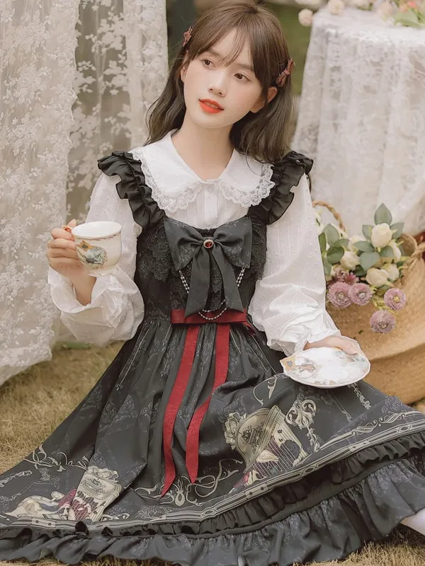Gothic Ruffles Bows Floral Print Black Lolita Dresses