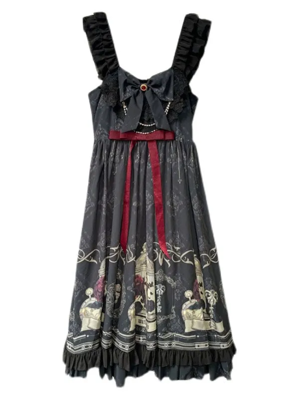 Gothic Ruffles Bows Floral Print Black Lolita Dresses