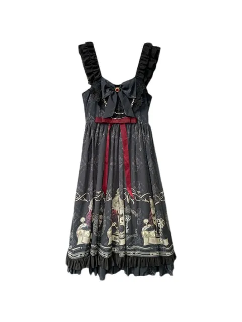 Gothic Ruffles Bows Floral Print Black Lolita Dresses