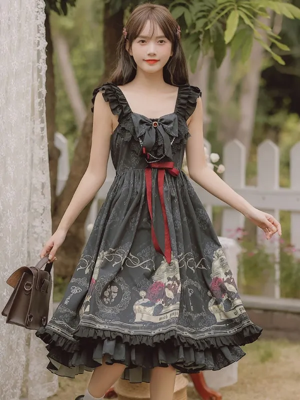 Gothic Ruffles Bows Floral Print Black Lolita Dresses
