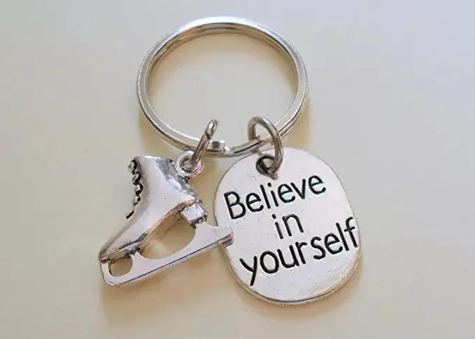 Ice Skating Keychain with Ice Skate Charm and Believe in Yourself Charm, Ice Skater or Coach Keychain