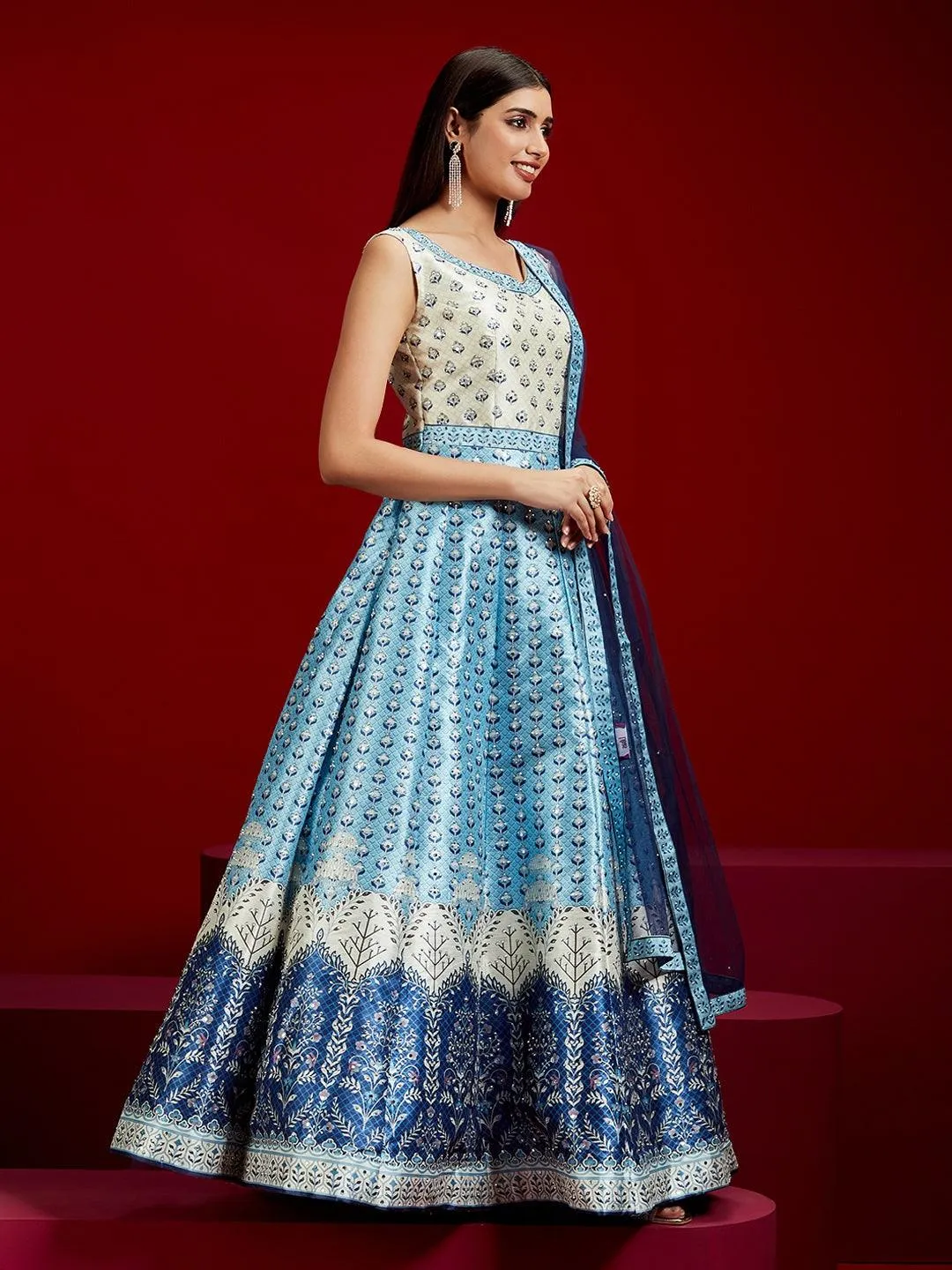 Jashvi Art Blue Printed Silk Gown With Dupatta