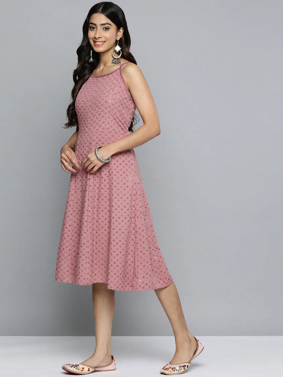 Jashvi Coral Floral Sequin Embroidered A-Line Midi Dress