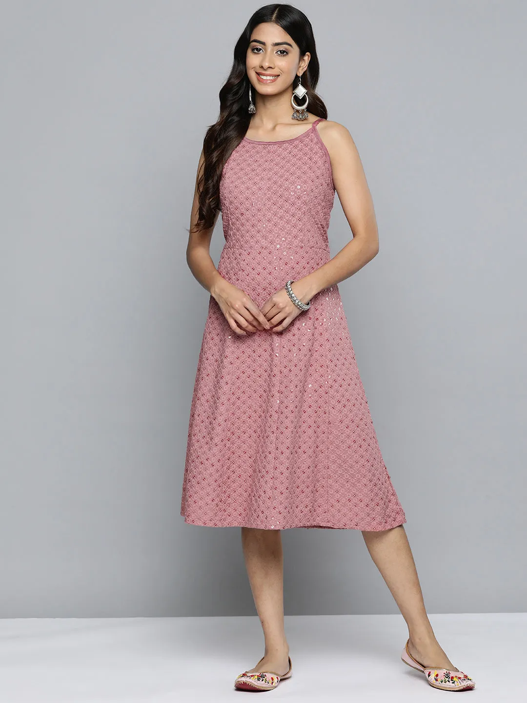 Jashvi Coral Floral Sequin Embroidered A-Line Midi Dress