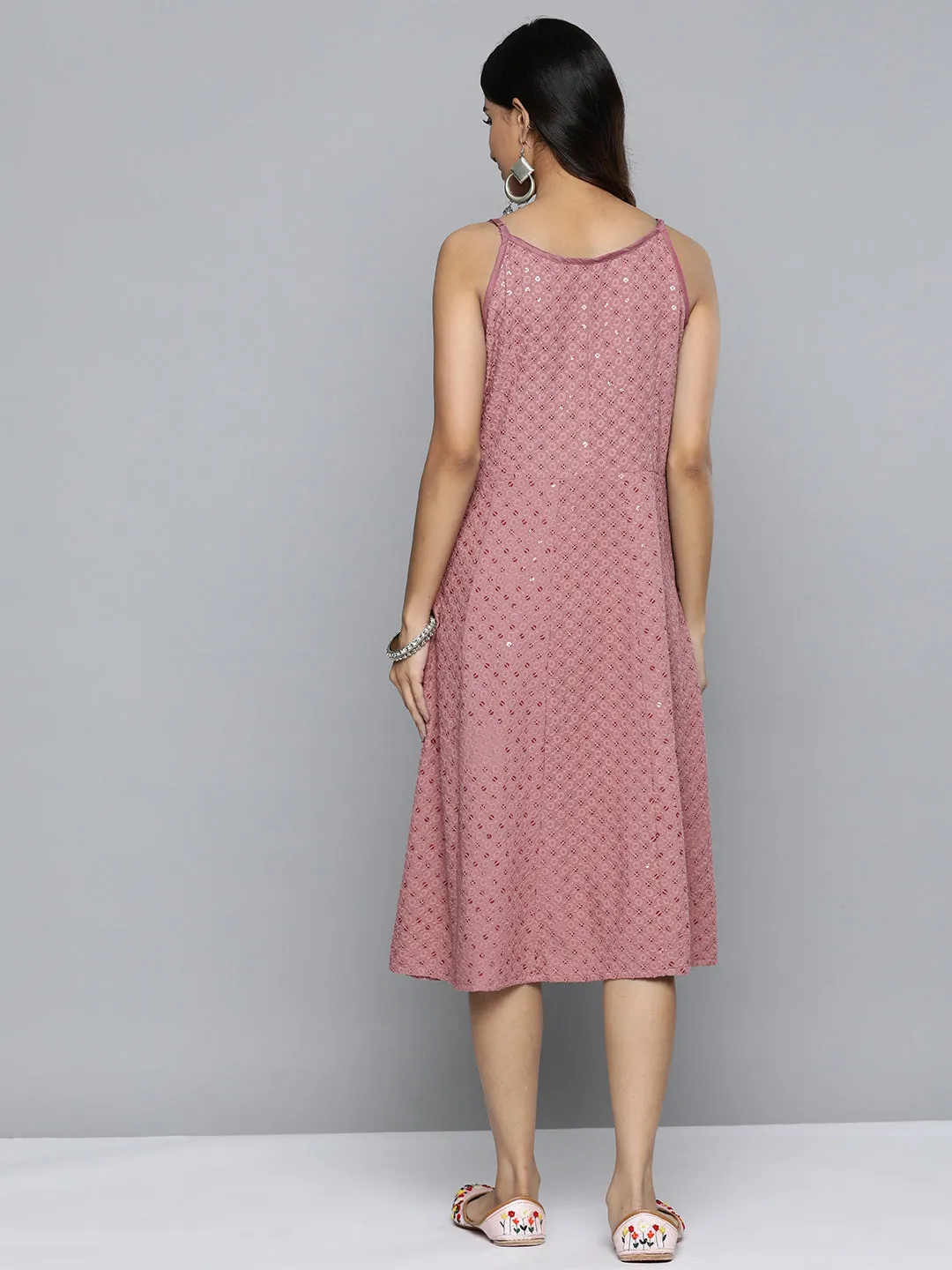 Jashvi Coral Floral Sequin Embroidered A-Line Midi Dress