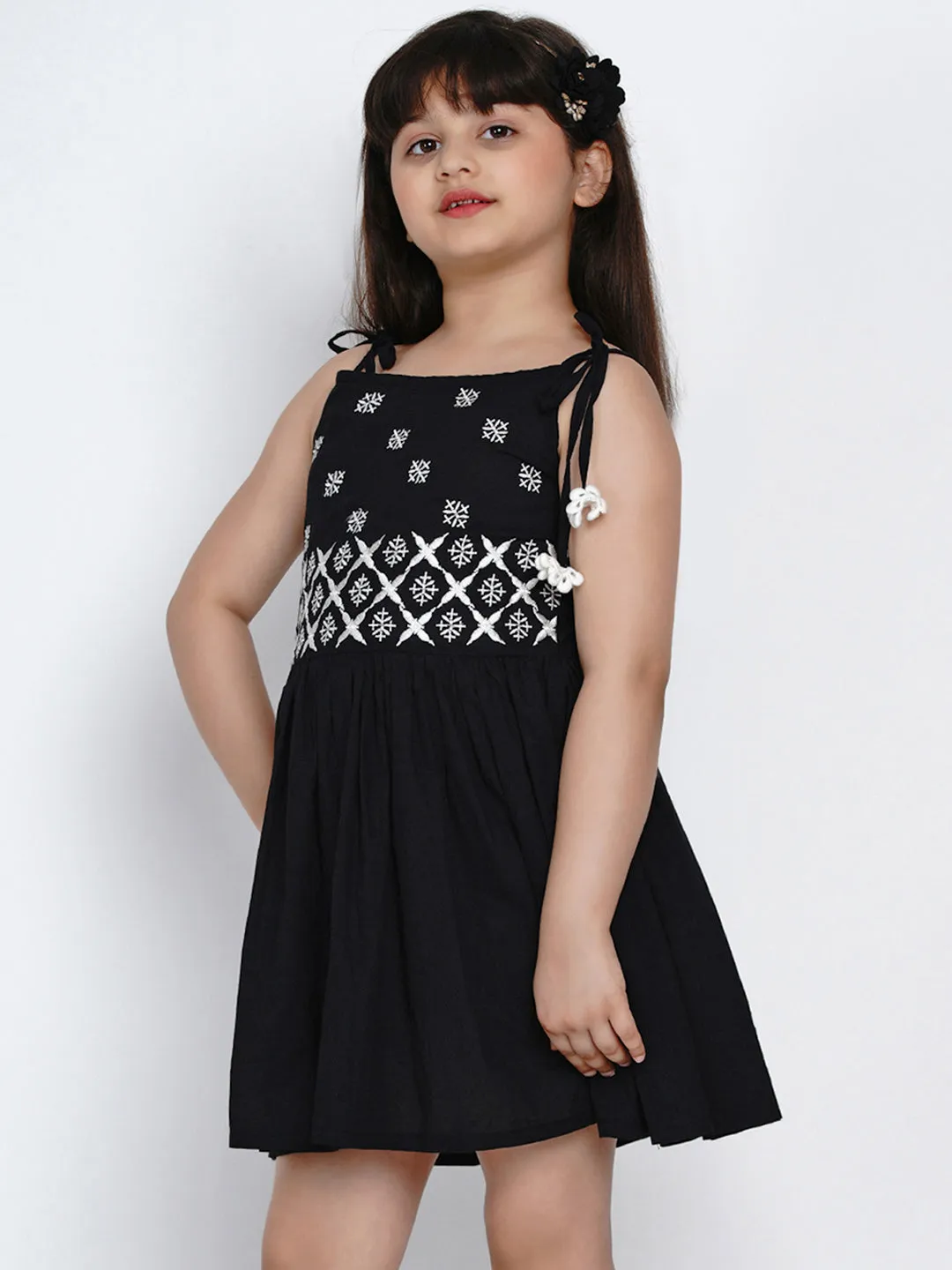 Jashvi Girls Black & White Embroidered A-Line Dress