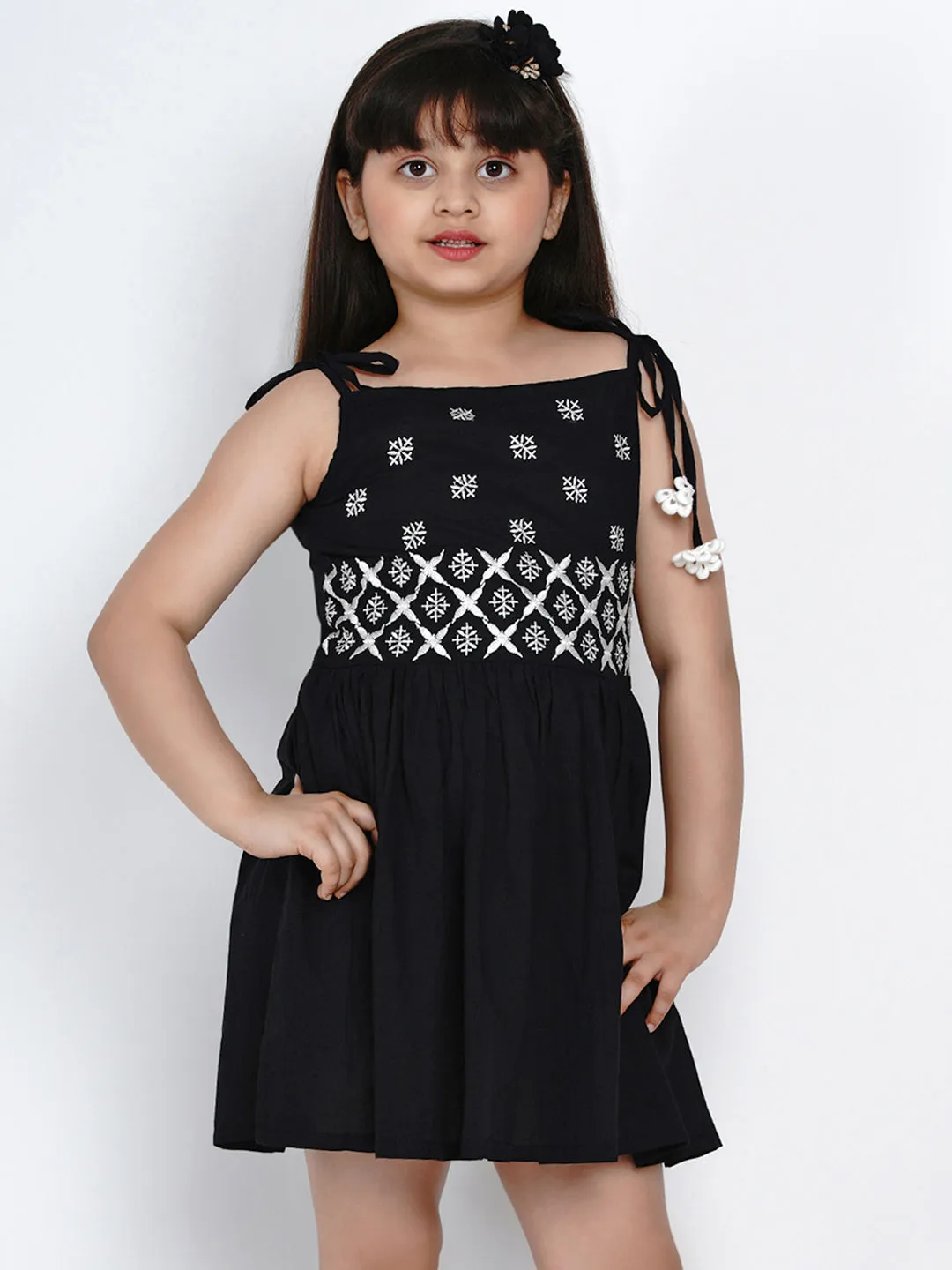 Jashvi Girls Black & White Embroidered A-Line Dress