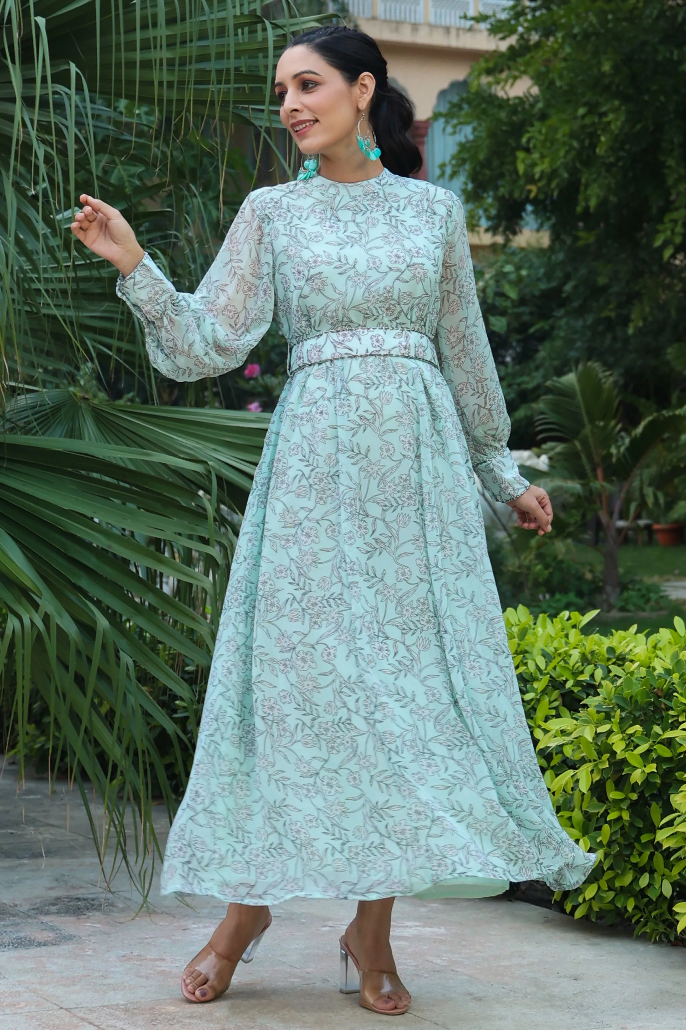 Jashvi Sage Green Floral Printed Chiffon Flared Maxi Dress With Buttons