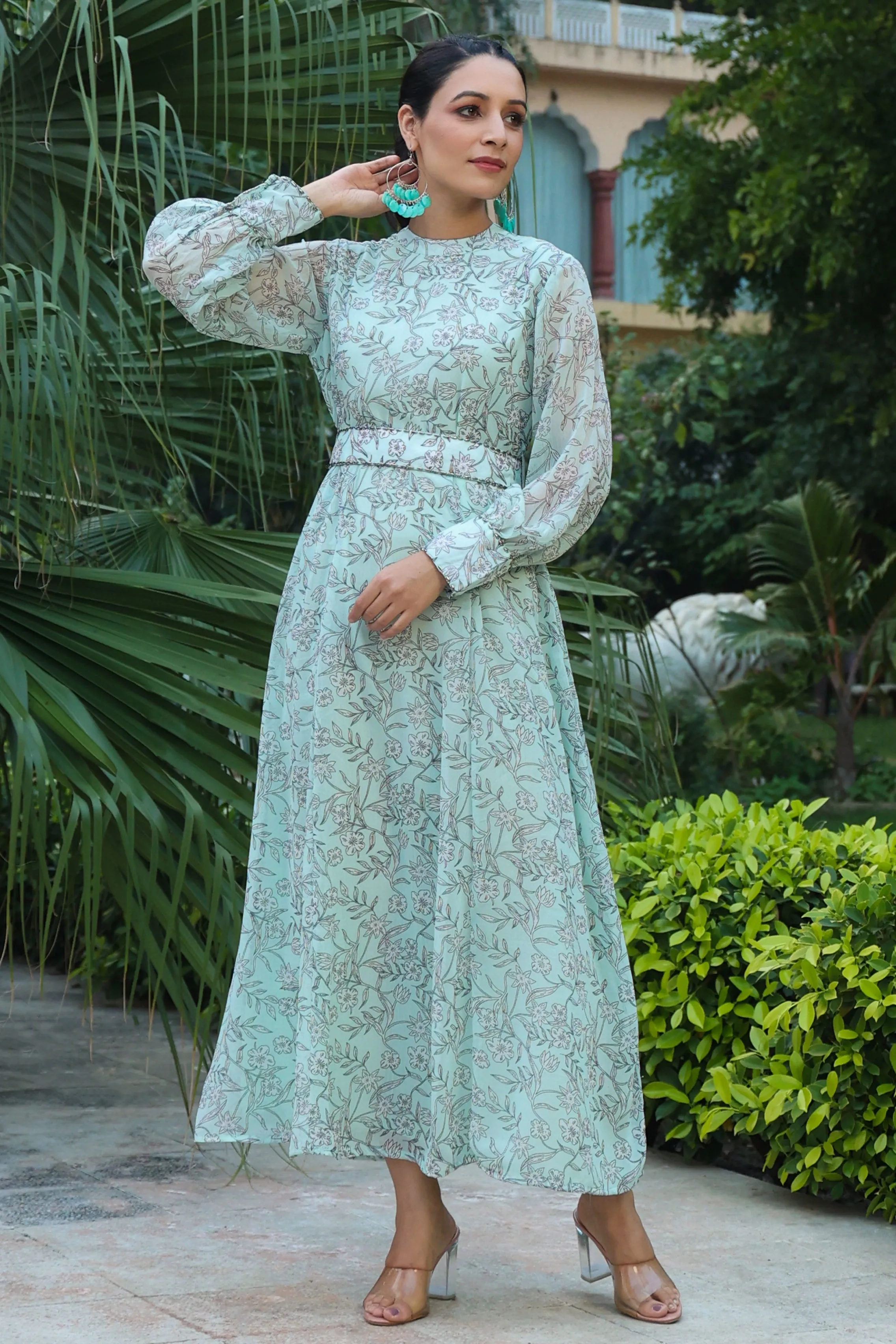 Jashvi Sage Green Floral Printed Chiffon Flared Maxi Dress With Buttons