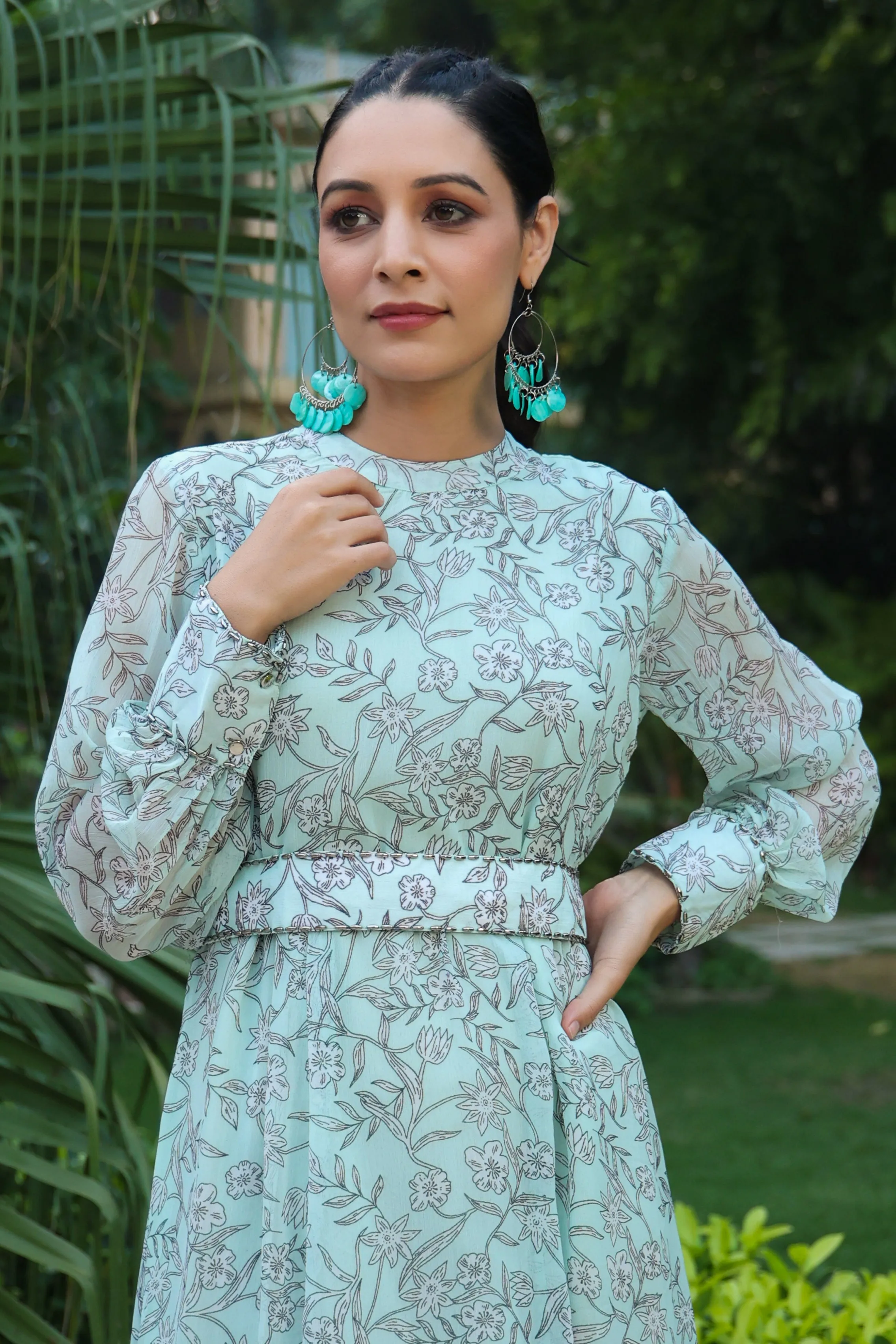 Jashvi Sage Green Floral Printed Chiffon Flared Maxi Dress With Buttons