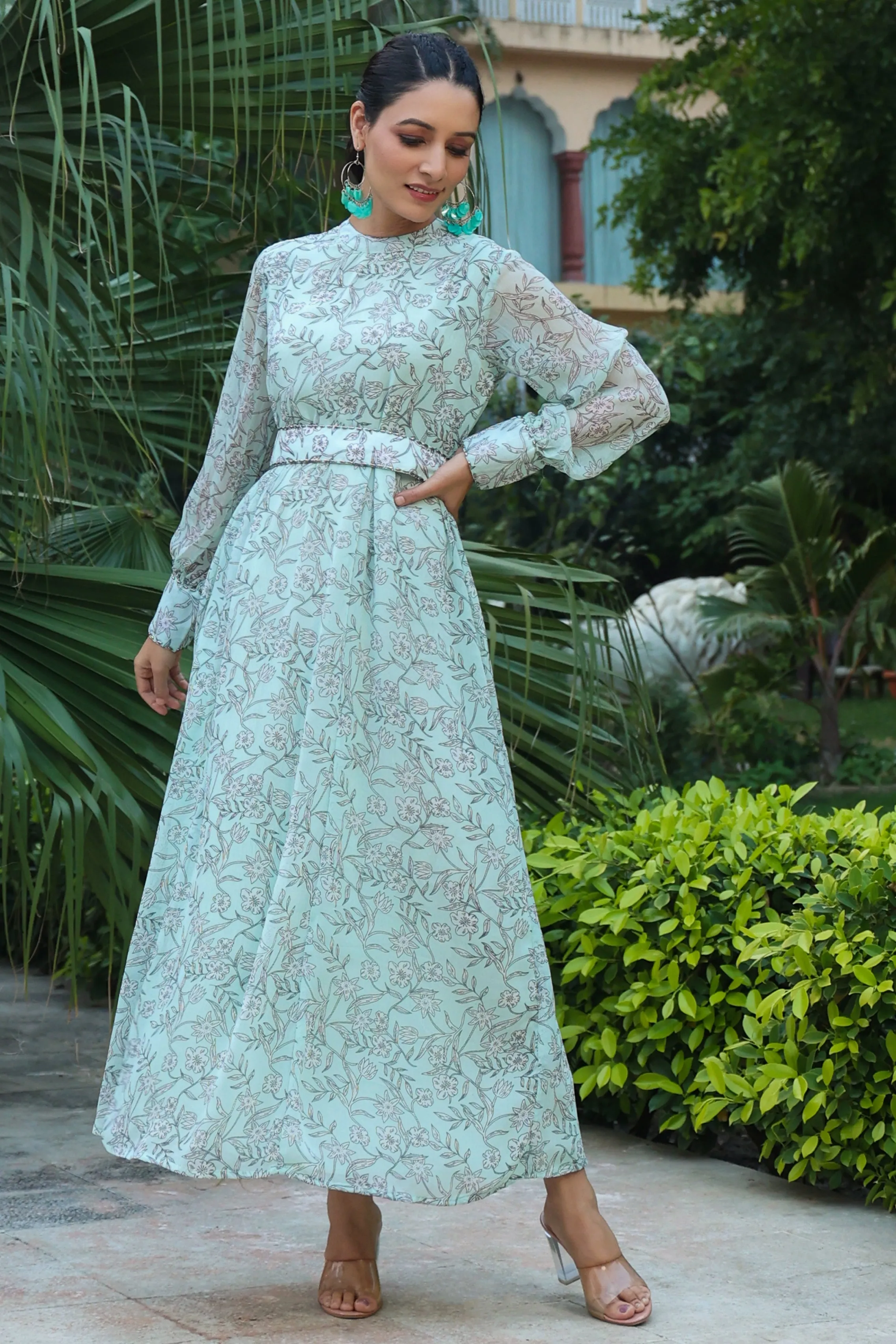 Jashvi Sage Green Floral Printed Chiffon Flared Maxi Dress With Buttons