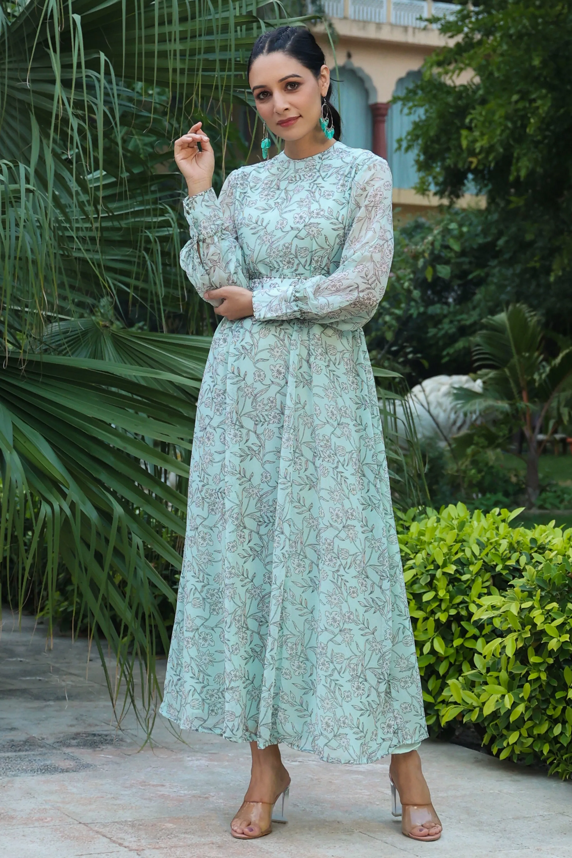 Jashvi Sage Green Floral Printed Chiffon Flared Maxi Dress With Buttons