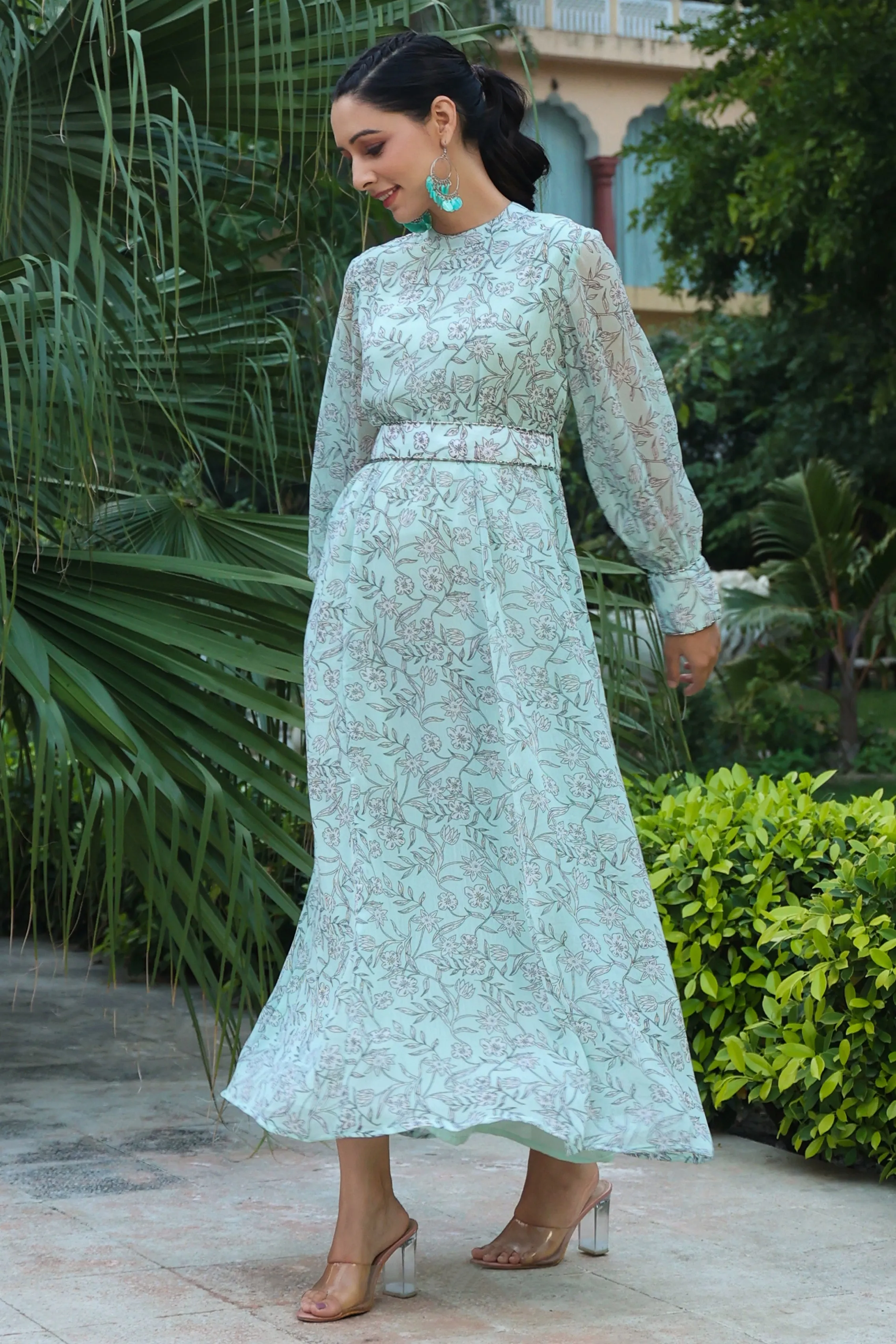 Jashvi Sage Green Floral Printed Chiffon Flared Maxi Dress With Buttons