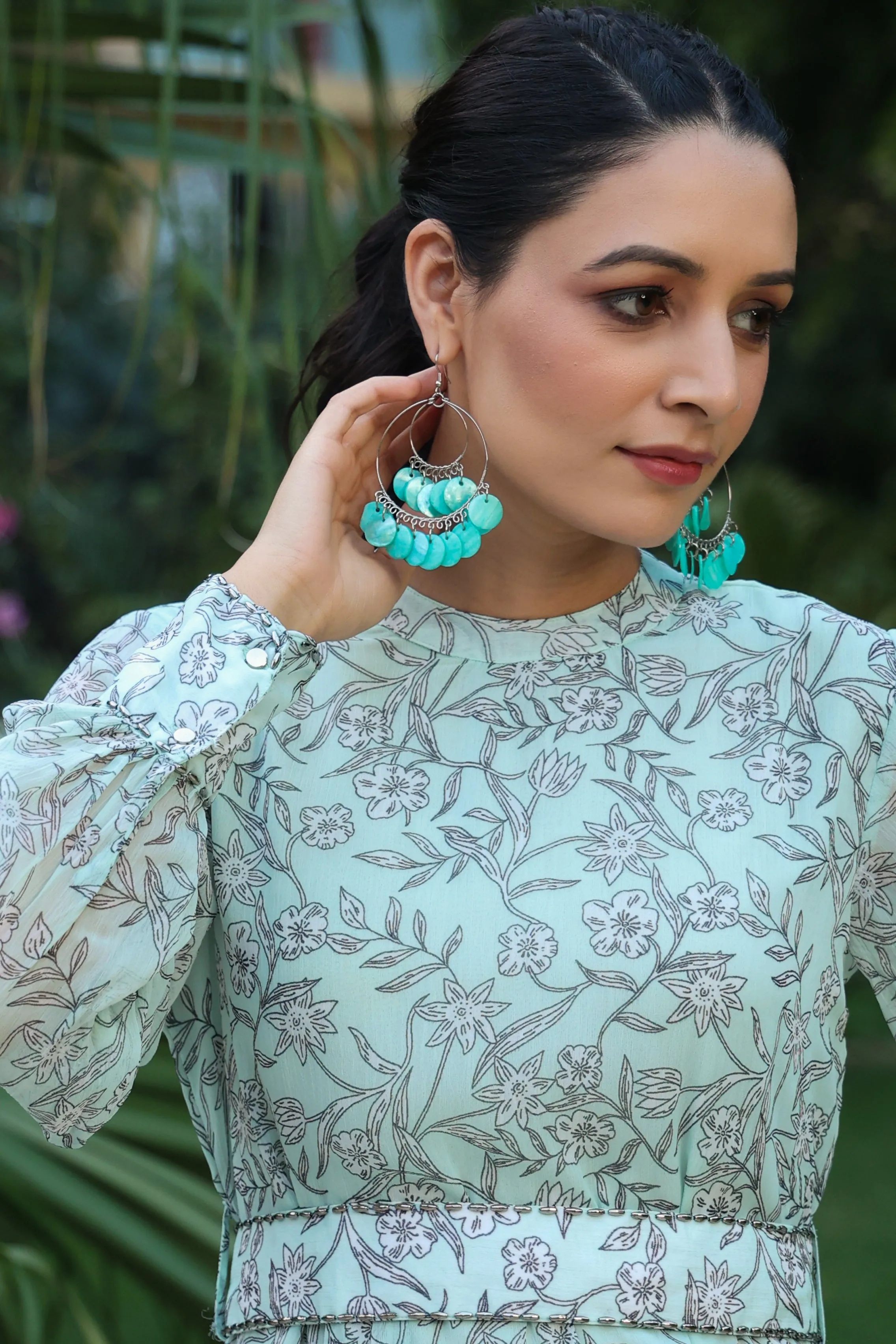 Jashvi Sage Green Floral Printed Chiffon Flared Maxi Dress With Buttons