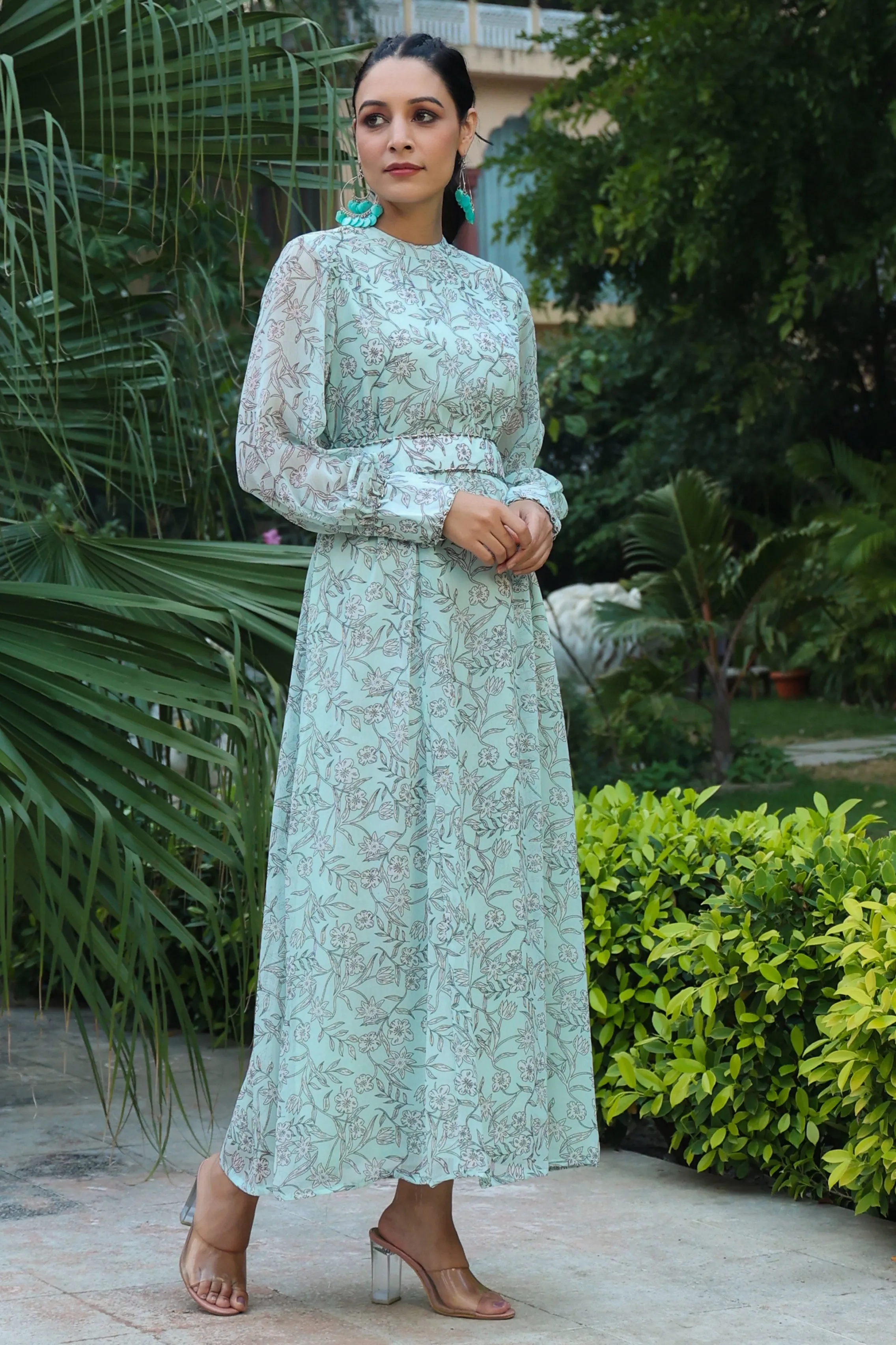 Jashvi Sage Green Floral Printed Chiffon Flared Maxi Dress With Buttons