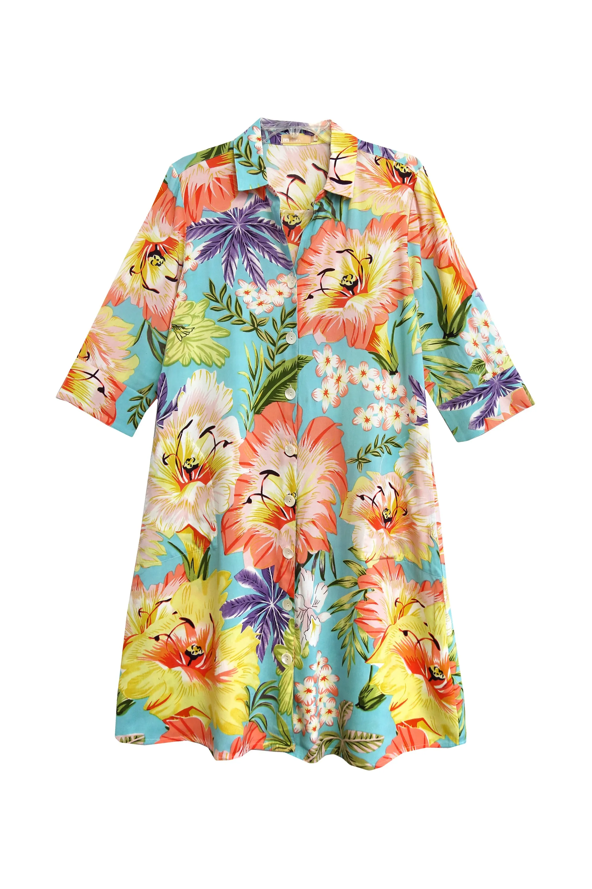 La Cera Tropical Floral Printed Button-Down Shirt Dress