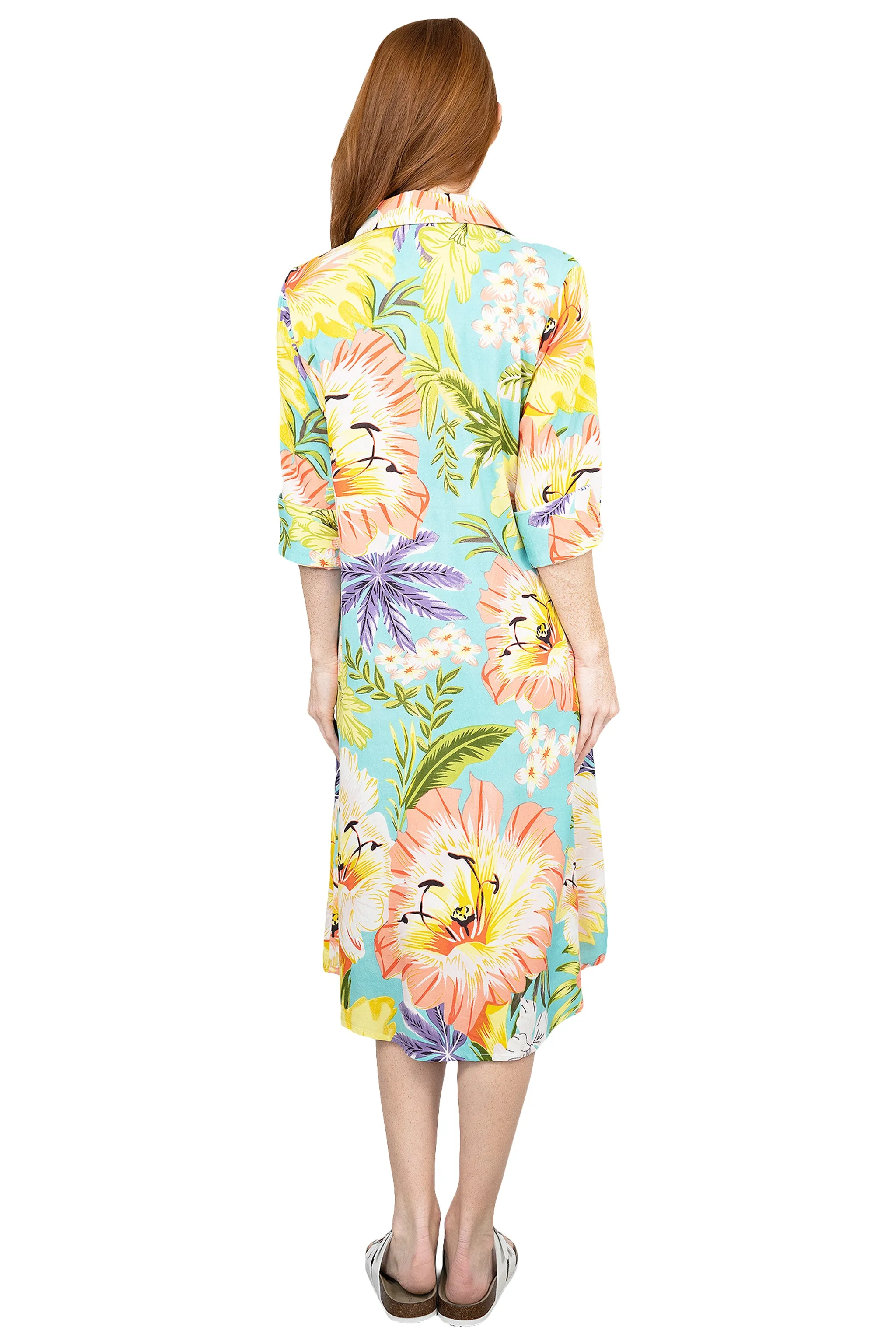 La Cera Tropical Floral Printed Button-Down Shirt Dress