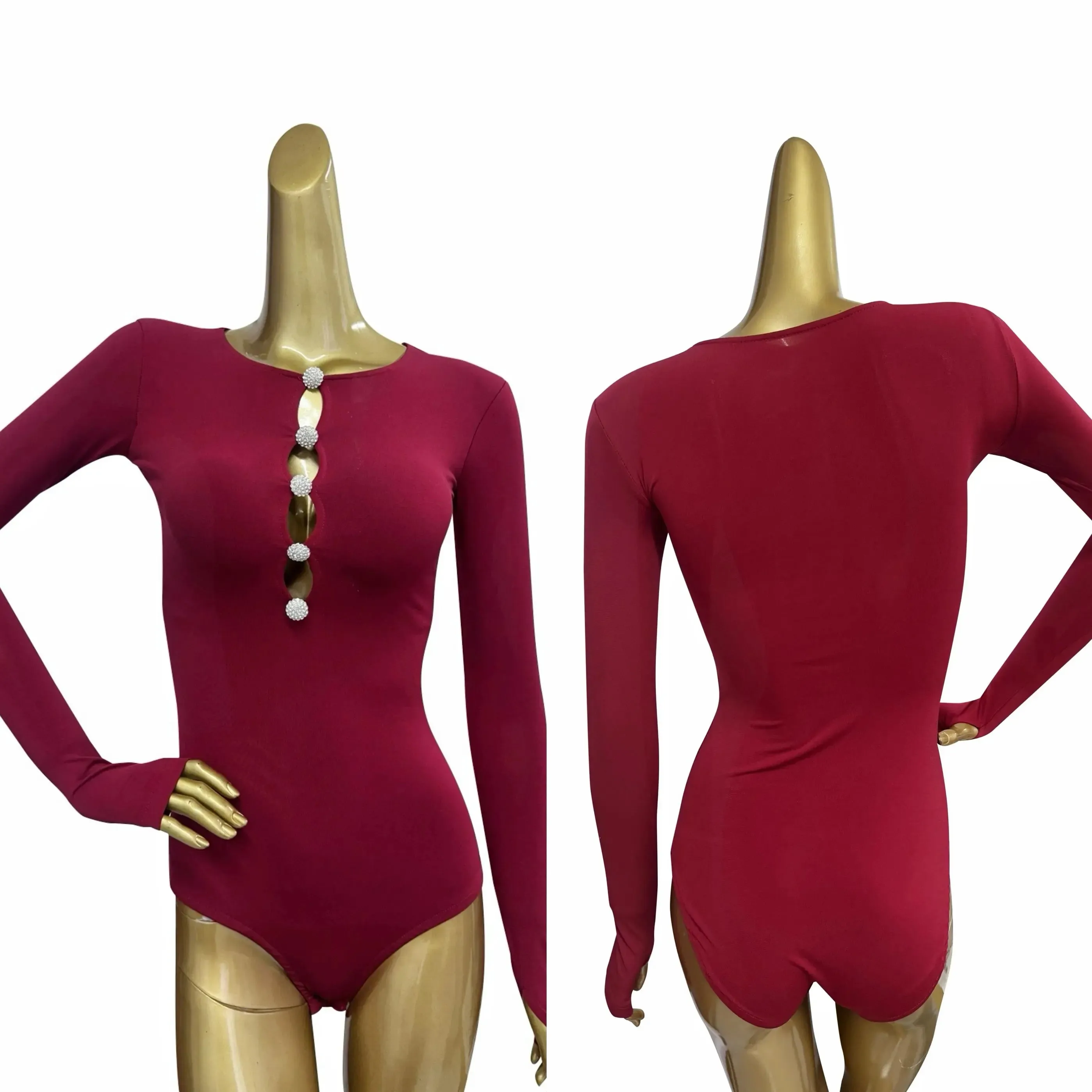 Latin Dance Bodysuit in 2 Colors for Women with Long Sleeves Pra 1433