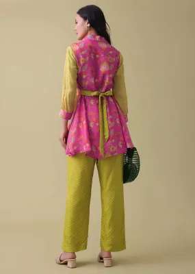Lemon Yellow Floral Printed Co-ord Set In Tussar - RE By Kalki