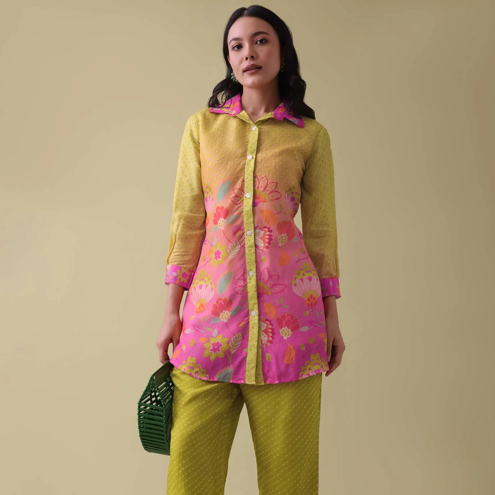 Lemon Yellow Floral Printed Co-ord Set In Tussar - RE By Kalki