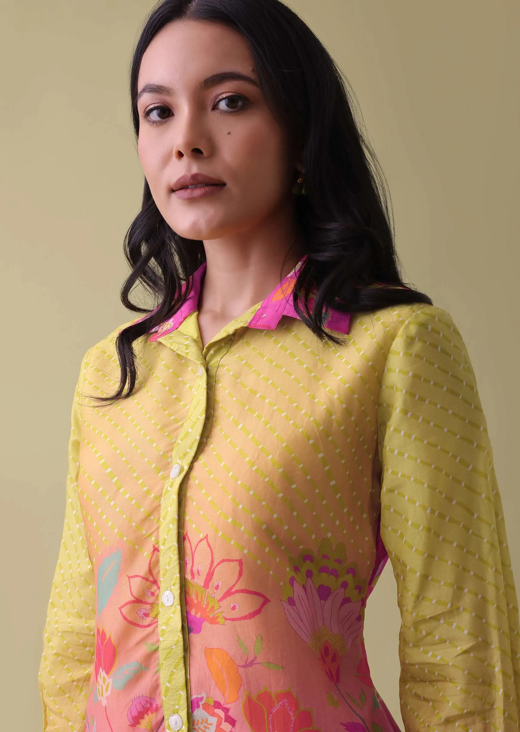 Lemon Yellow Floral Printed Co-ord Set In Tussar - RE By Kalki